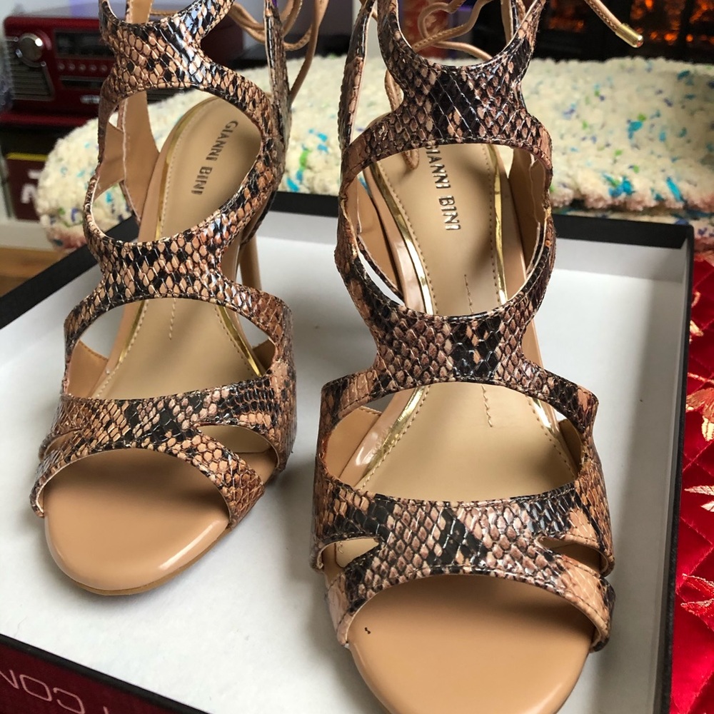 Gianni Bini faux python strappy heels w/tie back